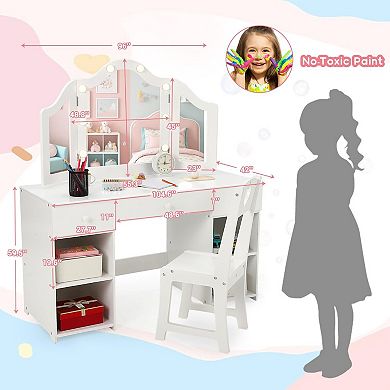 Kids Vanity Set, 2-in-1 Princess Makeup Table with Tri-Folding Mirror & Drawer