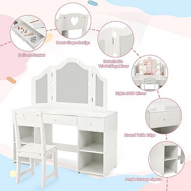 Kids Vanity Set, 2-in-1 Princess Makeup Table with Tri-Folding Mirror & Drawer