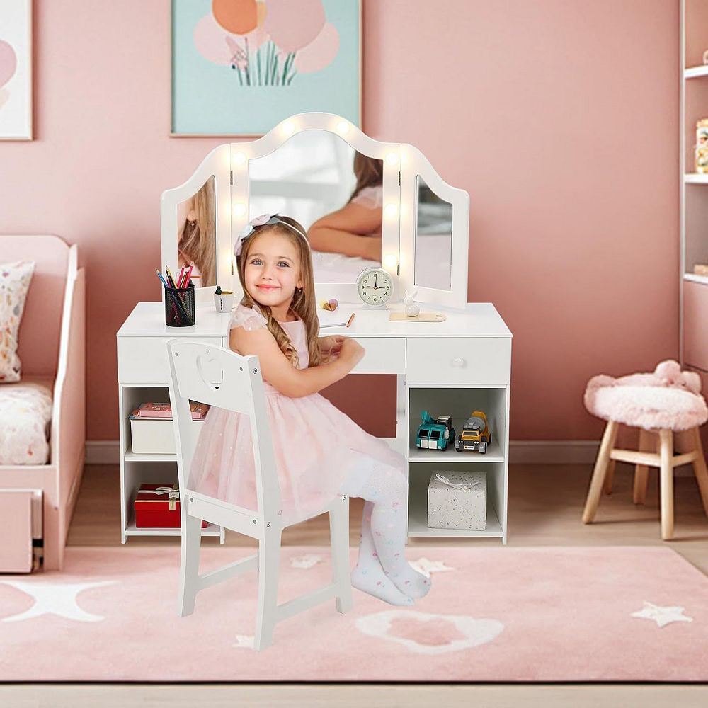 Kids Vanity Set, 2-in-1 Princess Makeup Table with Tri-Folding Mirror ...