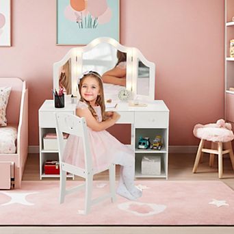 Kids Vanity Set, 2-in-1 Princess Makeup Table with Tri-Folding Mirror & Drawer