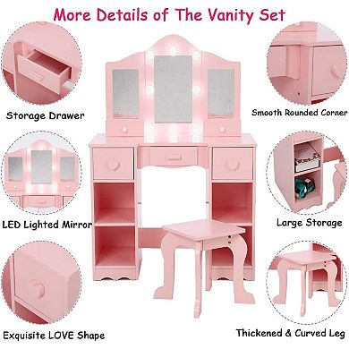 Kids Vanity Set, 2-in-1 Princess Makeup Table with Tri-Folding Mirror & Drawer