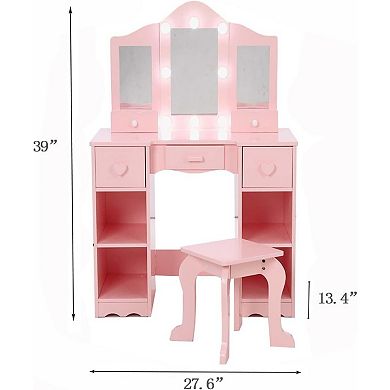 Kids Vanity Set, 2-in-1 Princess Makeup Table with Tri-Folding Mirror & Drawer