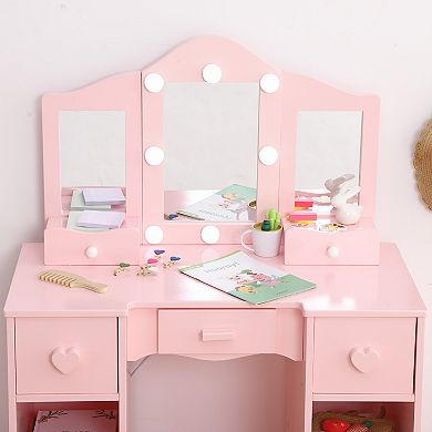 Kids Vanity Set, 2-in-1 Princess Makeup Table with Tri-Folding Mirror & Drawer