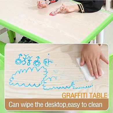 Kids Table and Chairs Set, Toddler Height Adjustable Desk with Graffiti Desktop, 6 Seats