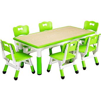 Kids Table and Chairs Set, Toddler Height Adjustable Desk with Graffiti Desktop, 6 Seats