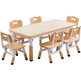 Kids Table and Chairs Set, Toddler Height Adjustable Desk with Graffiti Desktop, 6 Seats