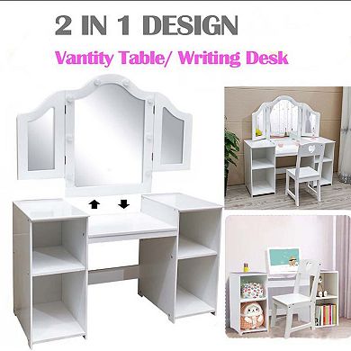 Kids Vanity Set, 2-in-1 Princess Makeup Table with Tri-Folding Mirror, Stool