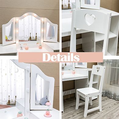 Kids Vanity Set, 2-in-1 Princess Makeup Table with Tri-Folding Mirror, Stool