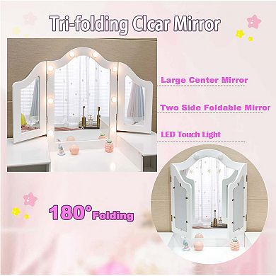 Kids Vanity Set, 2-in-1 Princess Makeup Table with Tri-Folding Mirror, Stool