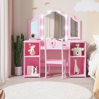 Kids Vanity Set, 2-in-1 Princess Makeup Table with Tri-Folding Mirror, Stool