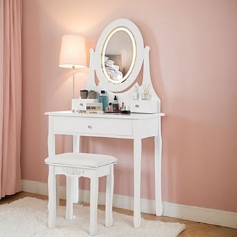 Vanity Table with LED Lighted Oval Mirror,Modern Vanity Desk with Mirror and Lights,Cushioned Stool