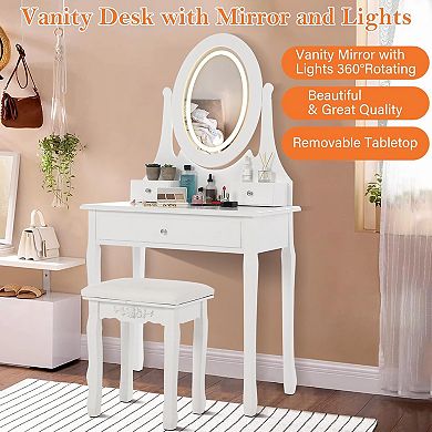 Vanity Table with LED Lighted Oval Mirror,Modern Vanity Desk with Mirror and Lights,Cushioned Stool