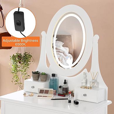 Vanity Table with LED Lighted Oval Mirror,Modern Vanity Desk with Mirror and Lights,Cushioned Stool