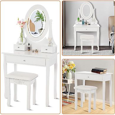 Vanity Table with LED Lighted Oval Mirror,Modern Vanity Desk with Mirror and Lights,Cushioned Stool