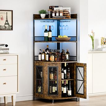 Tall Corner Bar Cabinet with Power Outlet and LED, Wine Cabinet