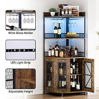 Tall Corner Bar Cabinet with Power Outlet and LED, Wine Cabinet