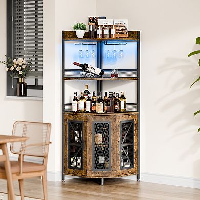 Tall Corner Bar Cabinet with Power Outlet and LED, Wine Cabinet