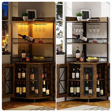 Tall Corner Bar Cabinet with Power Outlet and LED, Wine Cabinet