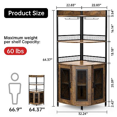 Tall Corner Bar Cabinet with Power Outlet and LED, Wine Cabinet