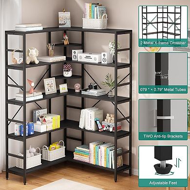 5-Tier L-Shaped Corner Bookshelf - Industrial Tall Bookcase with Heavy-Duty Metal Frame