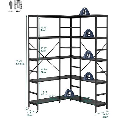 5-Tier L-Shaped Corner Bookshelf - Industrial Tall Bookcase with Heavy-Duty Metal Frame