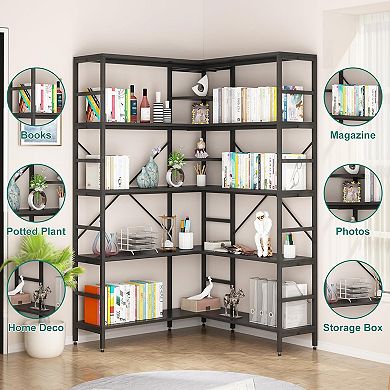 5-Tier L-Shaped Corner Bookshelf - Industrial Tall Bookcase with Heavy-Duty Metal Frame