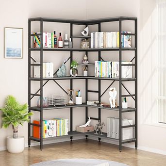 5 tier L-Shaped Corner Bookshelf - Industrial Tall Bookcase with Heavy-Duty Metal Frame