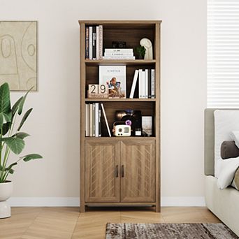 Farmhouse 5 tier Bookshelf with Doors - Wooden Storage Bookcase with Adjustable Shelves