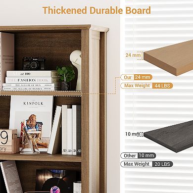 Farmhouse 5-Tier Bookshelf with Doors - Wooden Storage Bookcase with Adjustable Shelves