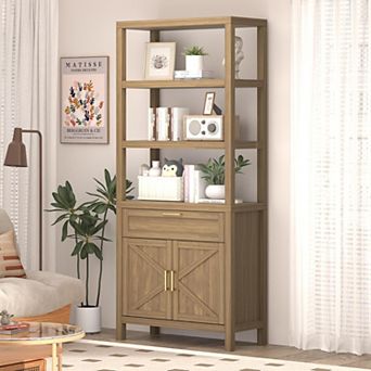 71" Tall Bookcase with Drawers, 5 tier Bookshelf with Doors and Adjustable Shelf