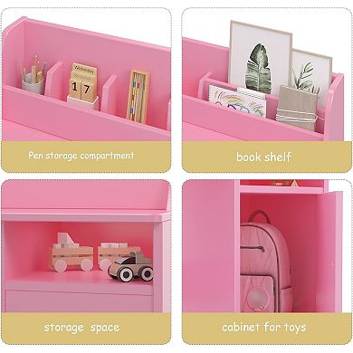 Kids Desk and Chair Set, Wooden Children Study Table with Hutch, Storage Cabinet