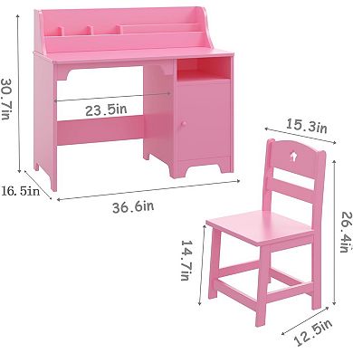 Kids Desk and Chair Set, Wooden Children Study Table with Hutch, Storage Cabinet