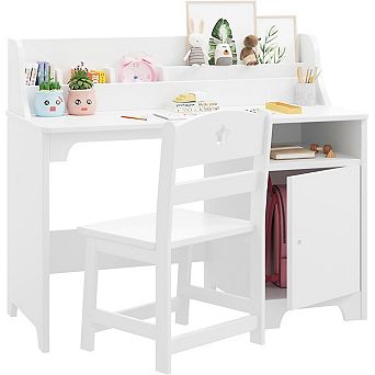 Kids Desk and Chair Set, Wooden Children Study Table with Hutch, Storage Cabinet