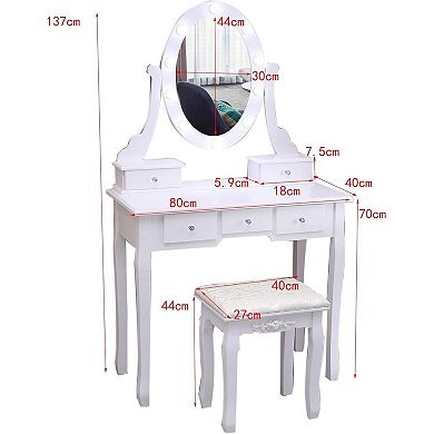 Vanity Desk With Mirror And Lights, Wood Makeup Dressing Table With Oval Mirror & Stool