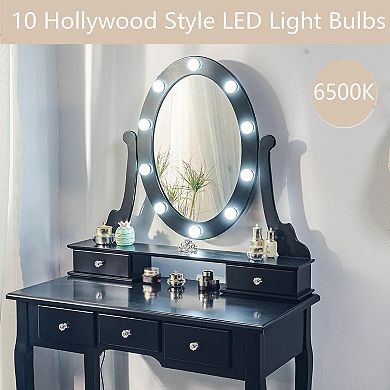 Vanity Desk With Mirror And Lights, Wood Makeup Dressing Table With Oval Mirror & Stool