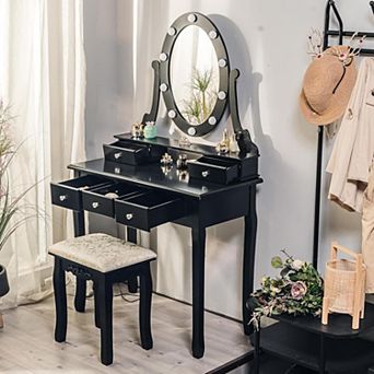 Vanity Desk With Mirror And Lights, Wood Makeup Dressing Table With Oval Mirror & Stool
