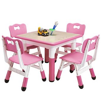 Kids Table and Chairs Set, Toddler Height Adjustable Desk with Graffiti Desktop, 4 Seats