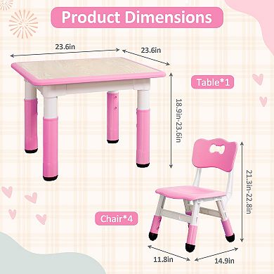 Kids Table and Chairs Set, Toddler Height Adjustable Desk with Graffiti Desktop, 4 Seats