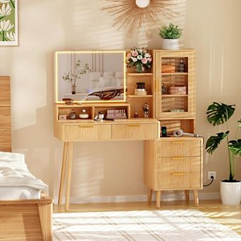 Makeup Vanity Desk with Lights & Power Outlet, Big Modern Fluted Vanity Desk