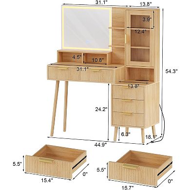 Makeup Vanity Desk with Lights & Power Outlet, Big Modern Fluted Vanity Desk