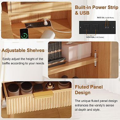 Makeup Vanity Desk with Lights & Power Outlet, Big Modern Fluted Vanity Desk