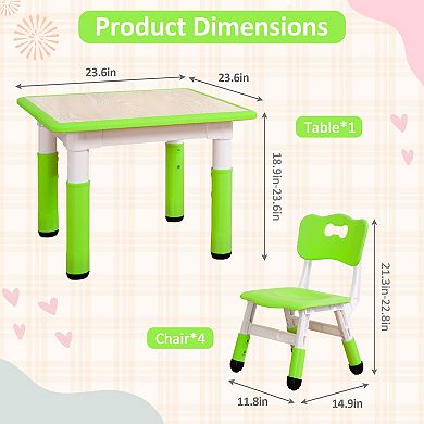 Kids Table and Chairs Set, Toddler Height Adjustable Desk with Graffiti Desktop, 4 Seats