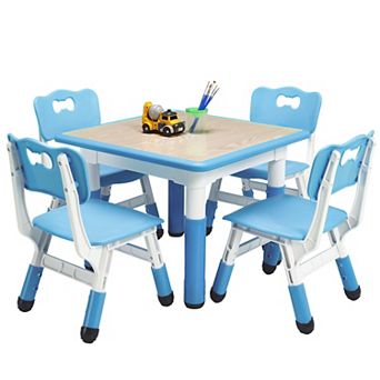 Kids Table and Chairs Set, Toddler Height Adjustable Desk with Graffiti Desktop, 4 Seats
