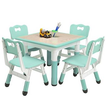 Kids Table and Chairs Set, Toddler Height Adjustable Desk with Graffiti Desktop, 4 Seats