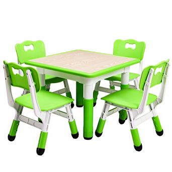 Kids Table and Chairs Set, Toddler Height Adjustable Desk with Graffiti Desktop, 4 Seats