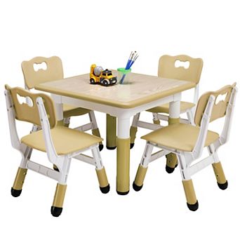 Kids Table and Chairs Set, Toddler Height Adjustable Desk with Graffiti Desktop, 4 Seats