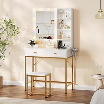 Vanity Desk with Mirror and Lights, Makeup Vanity with 2 Large Drawers and 3 Open Shelves