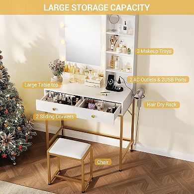 Vanity Desk with Mirror and Lights, Makeup Vanity with 2 Large Drawers and 3 Open Shelves