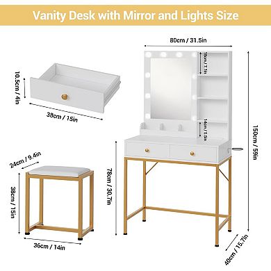 Vanity Desk with Mirror and Lights, Makeup Vanity with 2 Large Drawers and 3 Open Shelves