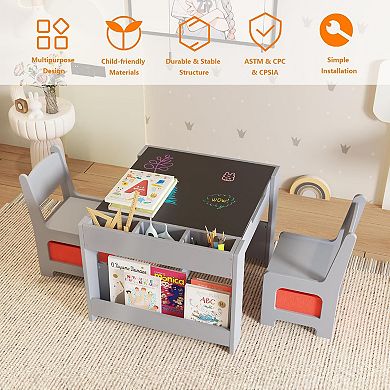 Kids Art Table and Chair Set, 4 in 1 Children Activity Table & 2 Chairs with Storage Drawer